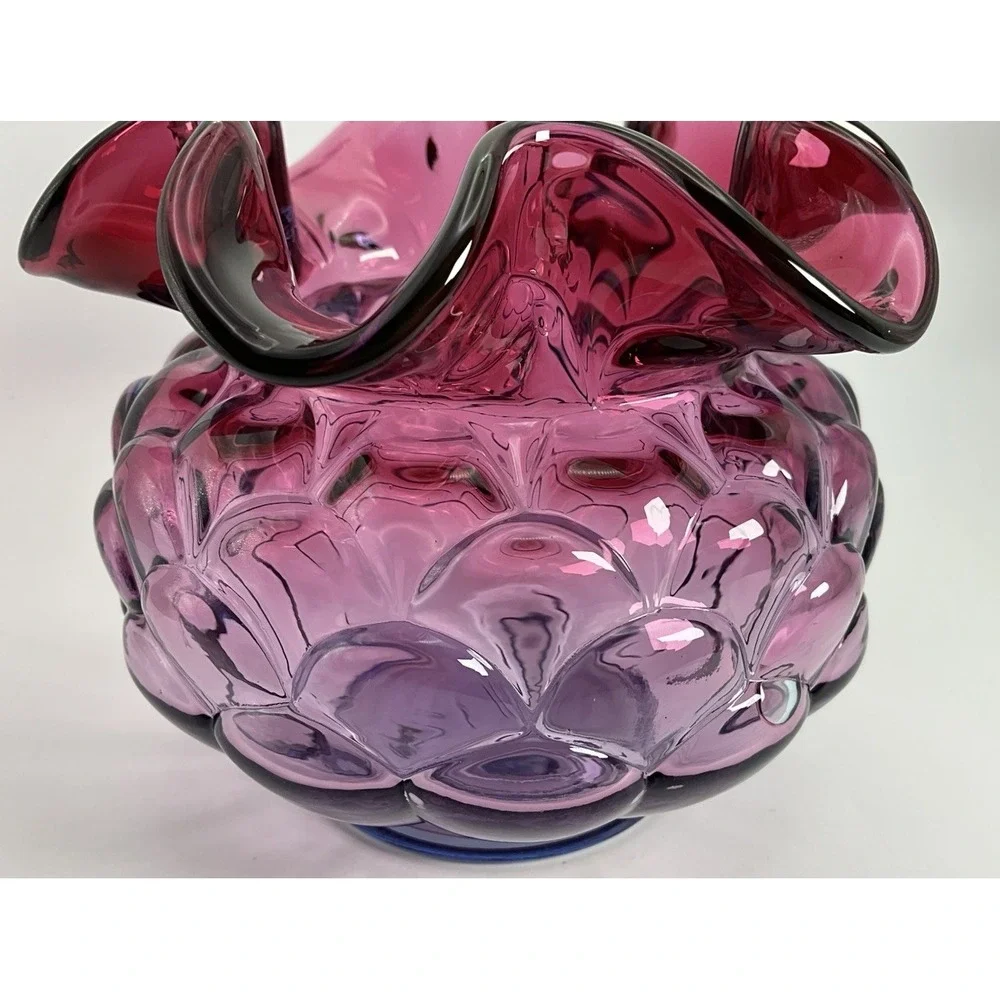 Fenton Mulberry Jacqueline Art Glass Vase Ruffled Rose Bowl Fish Scale Pattern